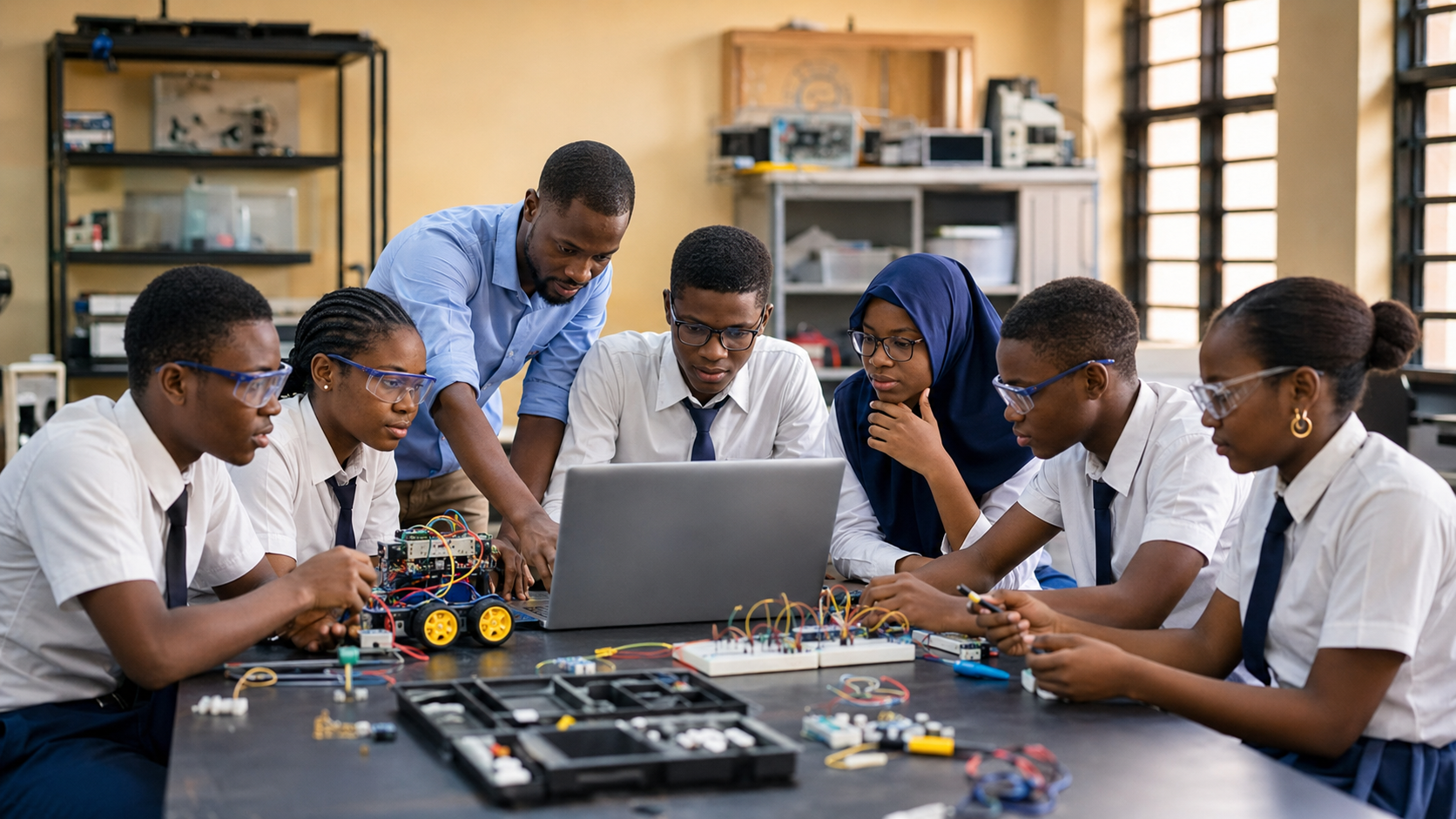 Nigerian students building a robotics project with their teacher