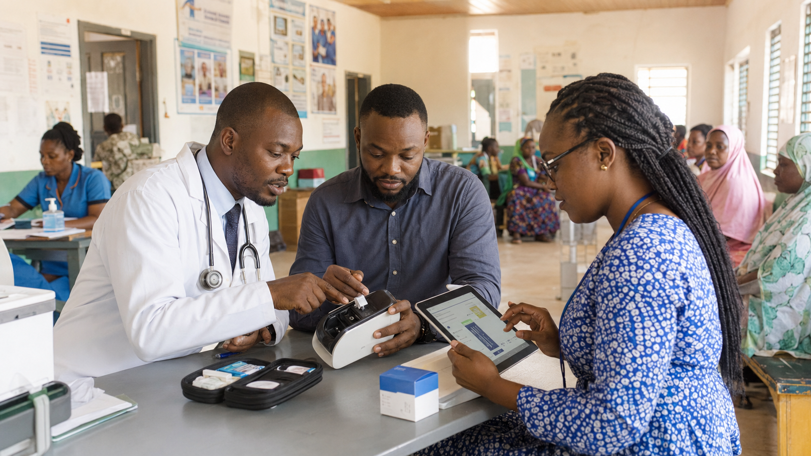 Nigerian health professionals testing a portable diagnostic system